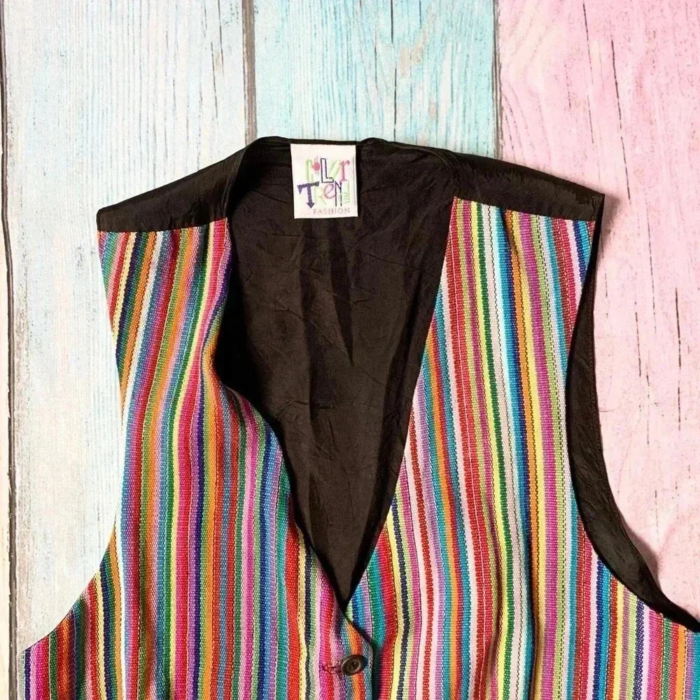 Cute vintage colorful stripes sleeveless button down vest size medium - Picture 8 of 9